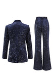Sparkly Navy Sequins 2 Piece Peak Lapel Women Prom Suits
