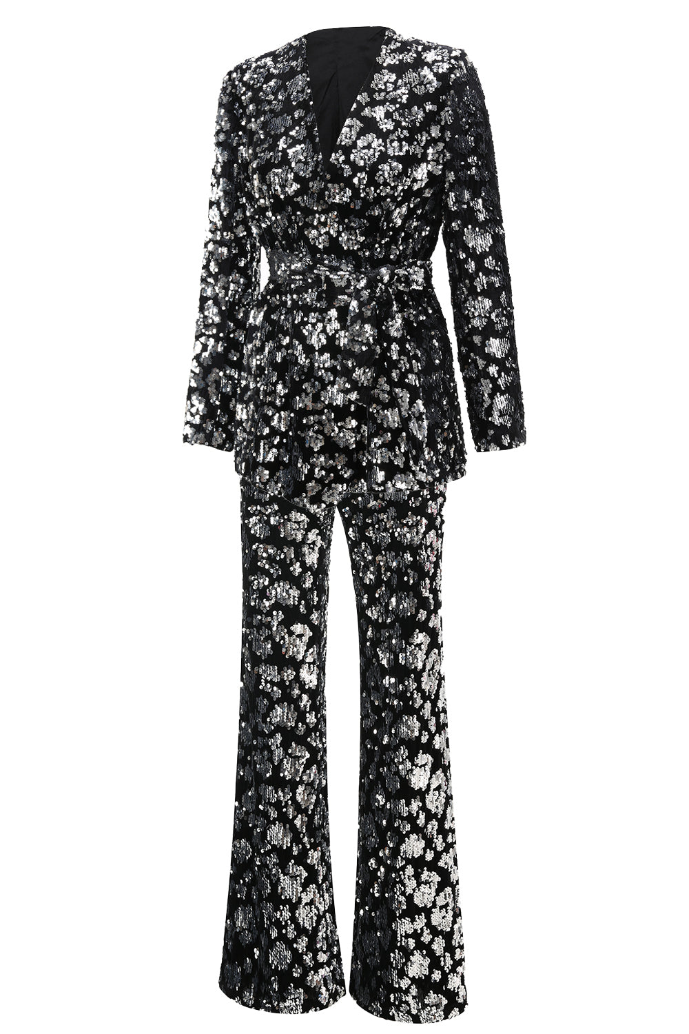 Sparkly Black Sequin 2 Piece Women Prom Suits with Sash
