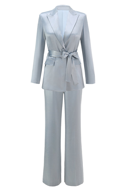Dusty Blue Satin 2 Piece Women Prom Suits with Sash