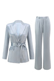 Dusty Blue Satin 2 Piece Women Prom Suits with Sash