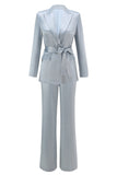 Dusty Blue Satin 2 Piece Women Prom Suits with Sash