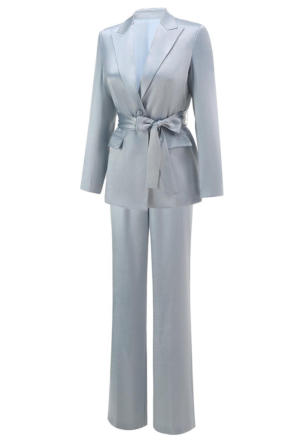 Zapakasa Women Dusty Blue Satin Women Prom Suits with Sash 2 Piece Peak Lapel Business Suits with Sleeves Zapakasa Women Dusty Blue Satin Women Prom Suits with Sash 2 Piece Peak Lapel Business Suits with Sleeves