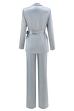 Dusty Blue Satin 2 Piece Women Prom Suits with Sash