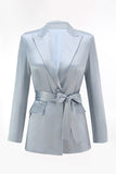 Dusty Blue Satin 2 Piece Women Prom Suits with Sash