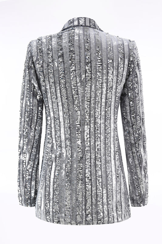 Sparkly Silver Grey Sequin Peak Lapel Women Prom Blazer with Bow