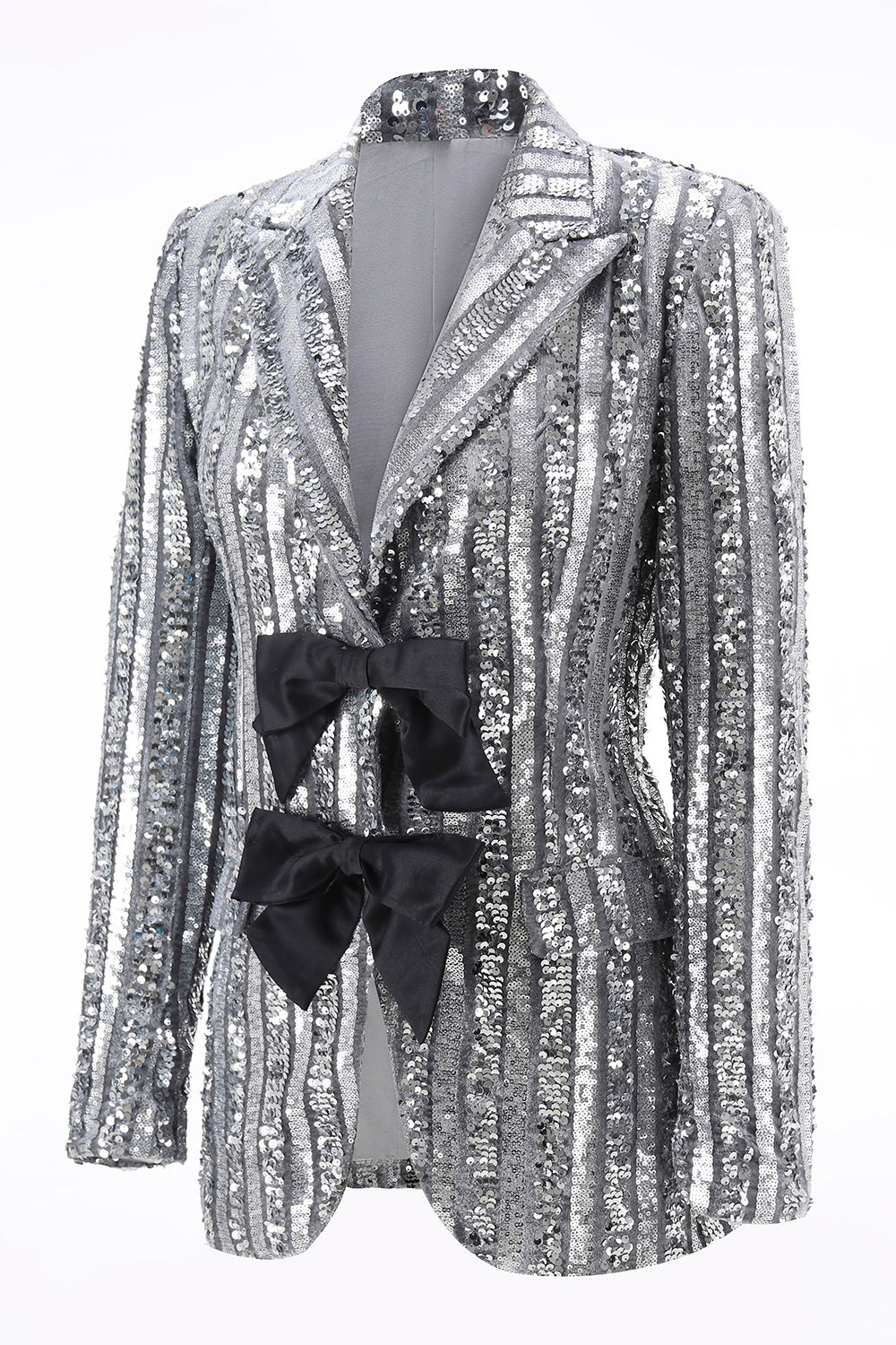 Sparkly Silver Grey Sequin Peak Lapel Women Prom Blazer with Bow