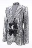Sparkly Silver Grey Sequin Peak Lapel Women Prom Blazer with Bow