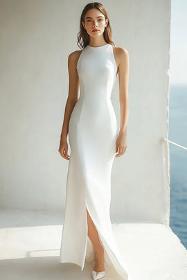 Ivory Round Neck Mermaid Maxi Rehearsal Dinner Dress with Slit