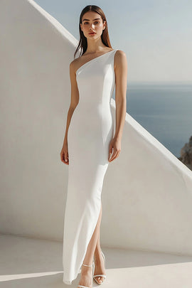 Ivory One Shoulder Sheath Maxi Rehearsal Dinner Dress with Slit