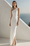 Ivory One Shoulder Sheath Maxi Rehearsal Dinner Dress with Slit