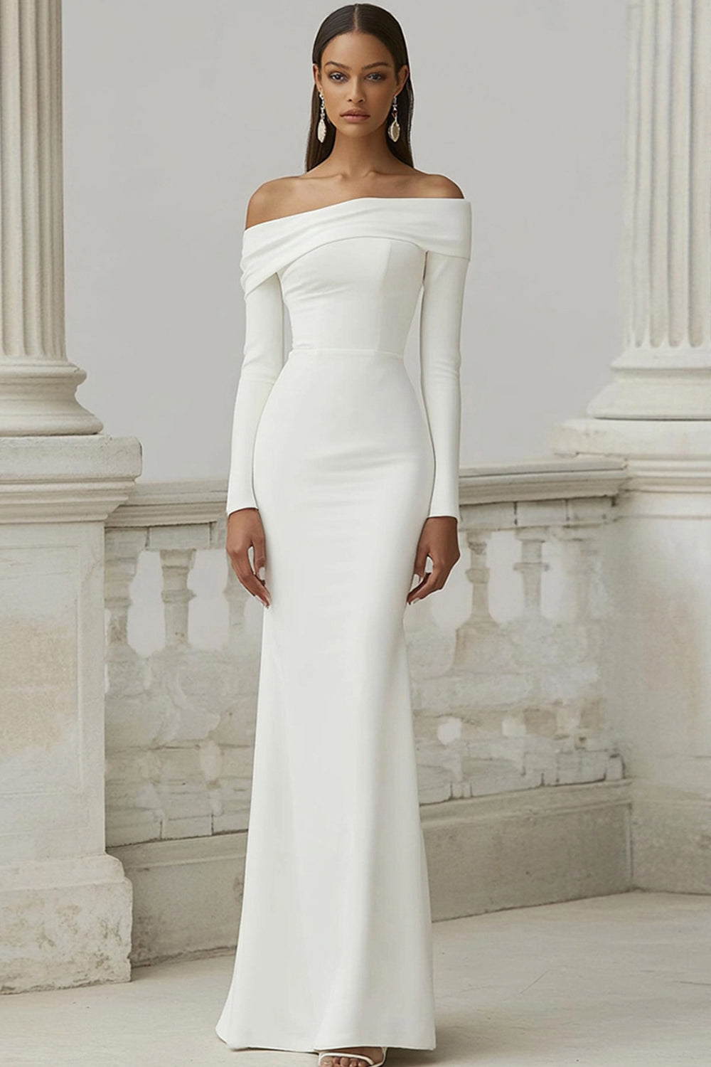 Ivory Off the Shoulder Mermaid Maxi Rehearsal Dinner Dress with Sleeves
