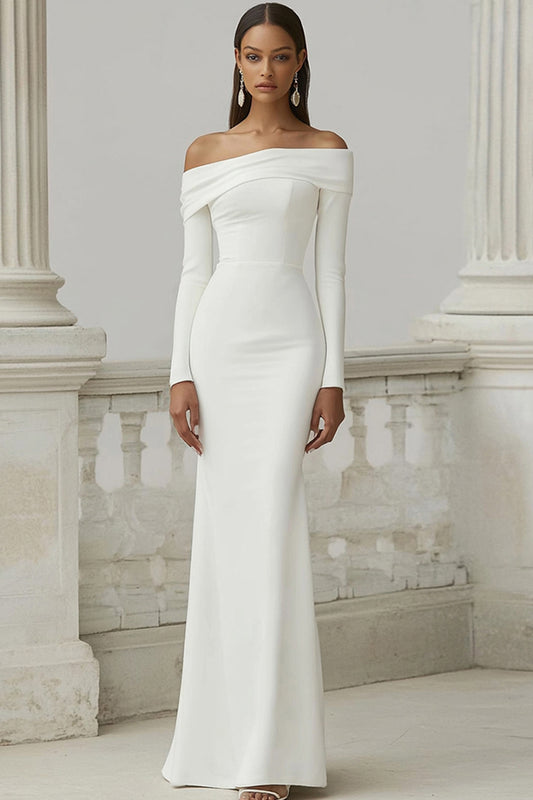 Ivory Off the Shoulder Mermaid Maxi Rehearsal Dinner Dress with Sleeves