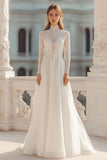 Ivory High Neck Long Sleeves Rehearsal Dinner Dress with Lace