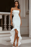 Ivory Strapless High-Low Rehearsal Dinner Dress with Ruffles
