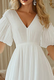 Ivory Chiffon Puff Sleeves V-Neck Midi Engagement Dress