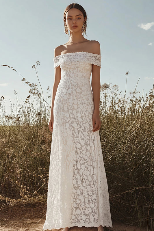 Ivory Lace Sheath Off the Shoulder Maxi Rehearsal Dinner Dress