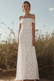 Ivory Lace Sheath Off the Shoulder Maxi Rehearsal Dinner Dress