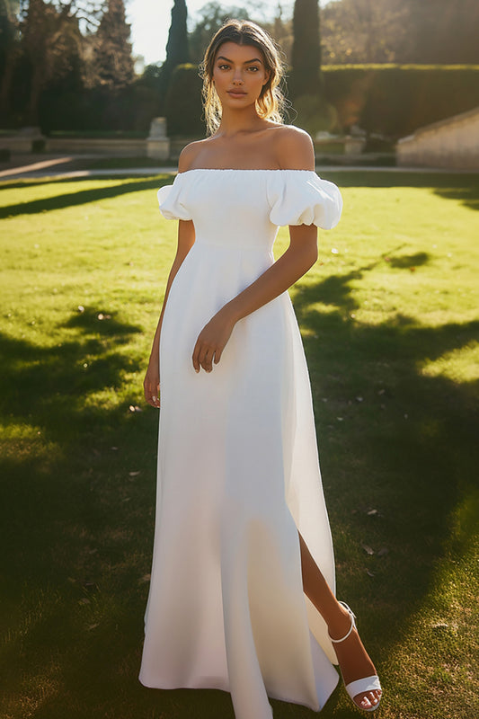 Ivory Puff Sleeves Maxi Satin Rehearsal Dinner Dress with Slit