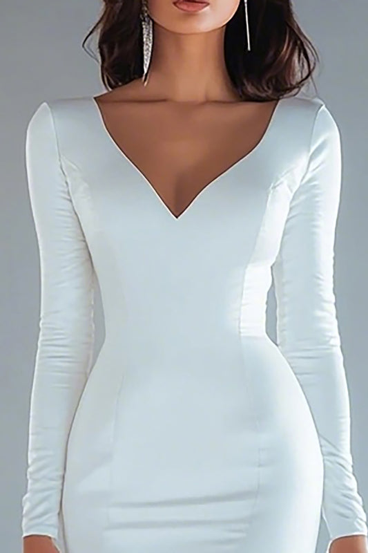 Ivory Mermaid V-Neck Long Sleeves Rehearsal Dinner Dress with Slit
