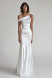 Ivory One Shoulder Mermaid Maxi Satin Rehearsal Dinner Dress