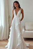 Ivory Chiffon Deep V-Neck Maxi Rehearsal Dinner Dress with Ruffles