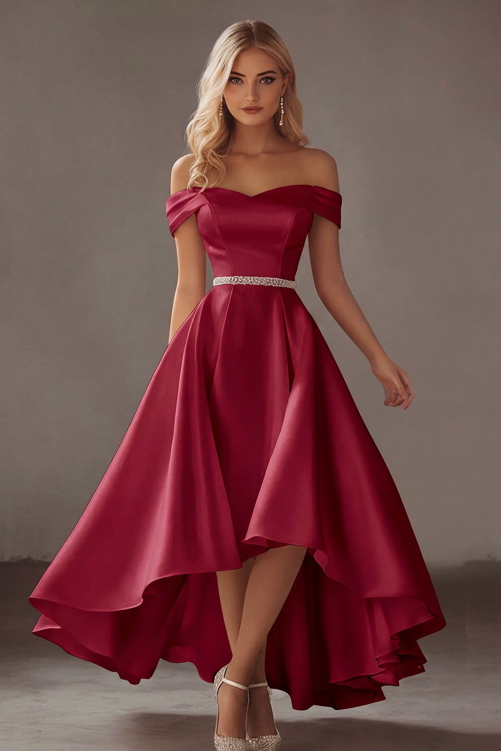 Ivory Off the Shoulder High-Low Engagement Dress with Rhinestones