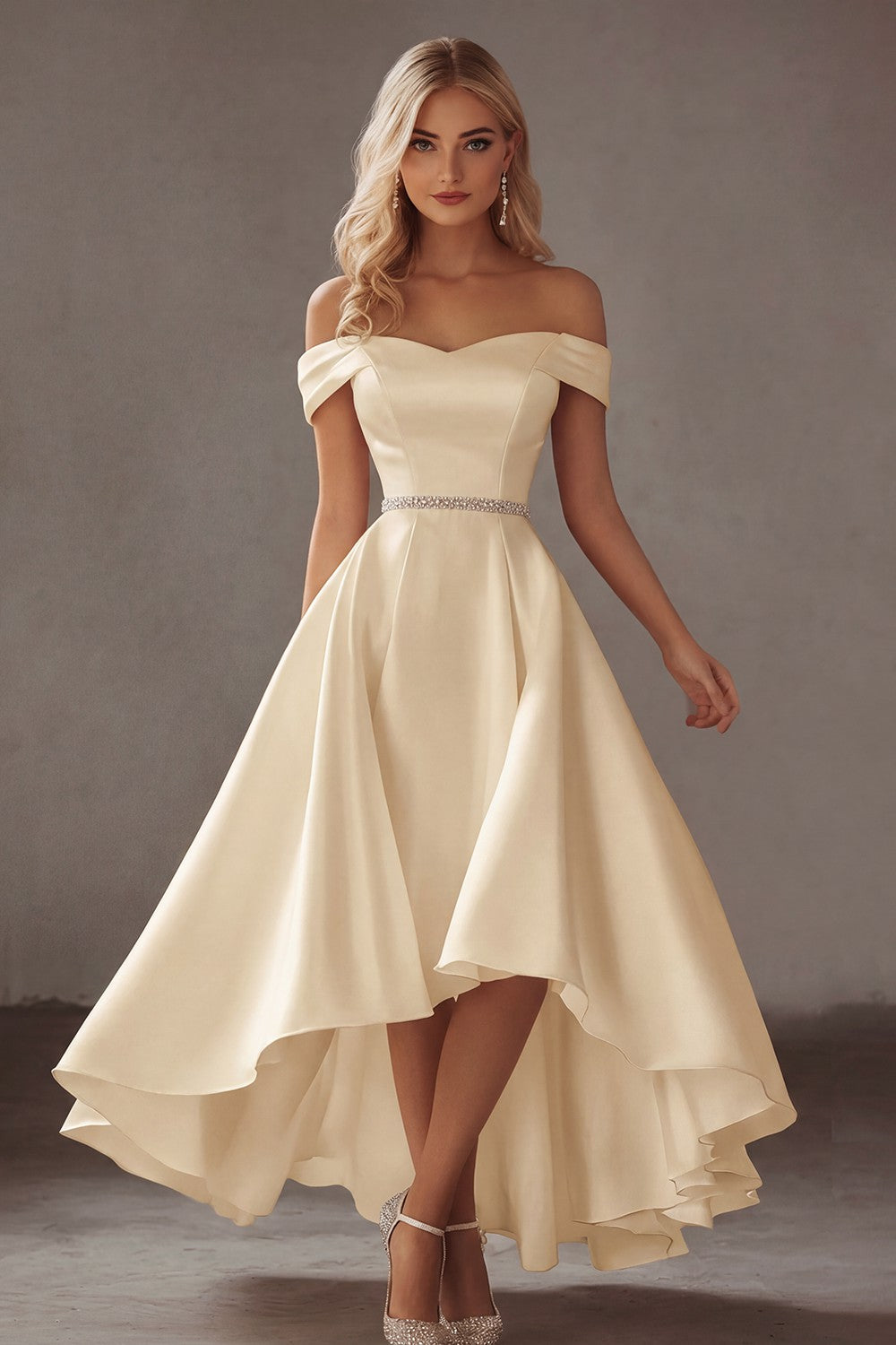 Ivory Off the Shoulder High-Low Engagement Dress with Rhinestones