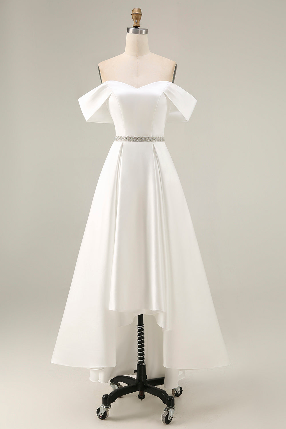 Ivory Off the Shoulder High-Low Engagement Dress with Rhinestones
