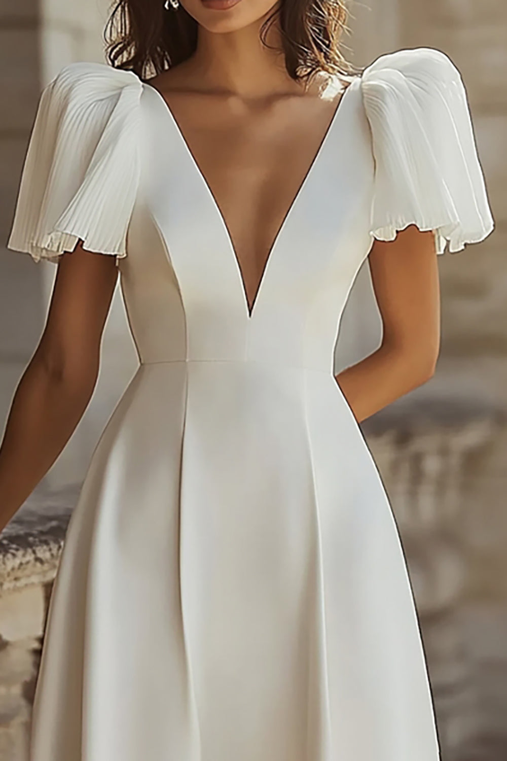 ivory rehearsal dinner dress Simple Ivory Deep V-Neck Maxi Rehearsal Dinner Dress with Sleeves