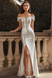 Sparkly Silver Sequins Off the Shoulder Maxi Engagement Dress with Slit