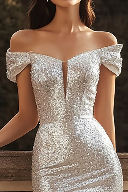 Sparkly Silver Sequins Off the Shoulder Maxi Engagement Dress with Slit