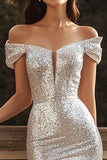 Sparkly Silver Sequins Off the Shoulder Maxi Engagement Dress with Slit