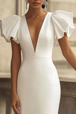 Ivory V-Neck Mermaid Satin Maxi Wedding Reception Dress with Sleeves