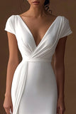 Simple Ivory V-Neck Mermaid Maxi Rehearsal Dinner Dress with Sleeves