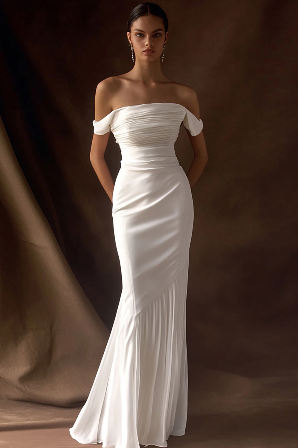 off shoulder reception dress Elegant White Off-shoulder Midi Dress Strapless White Birthday Outfit | Engagement Party | Bridal Shower Outfit, Reception Dress