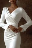 Ivory V-Neck Satin Long Sleeves Maxi Wedding Reception Dress