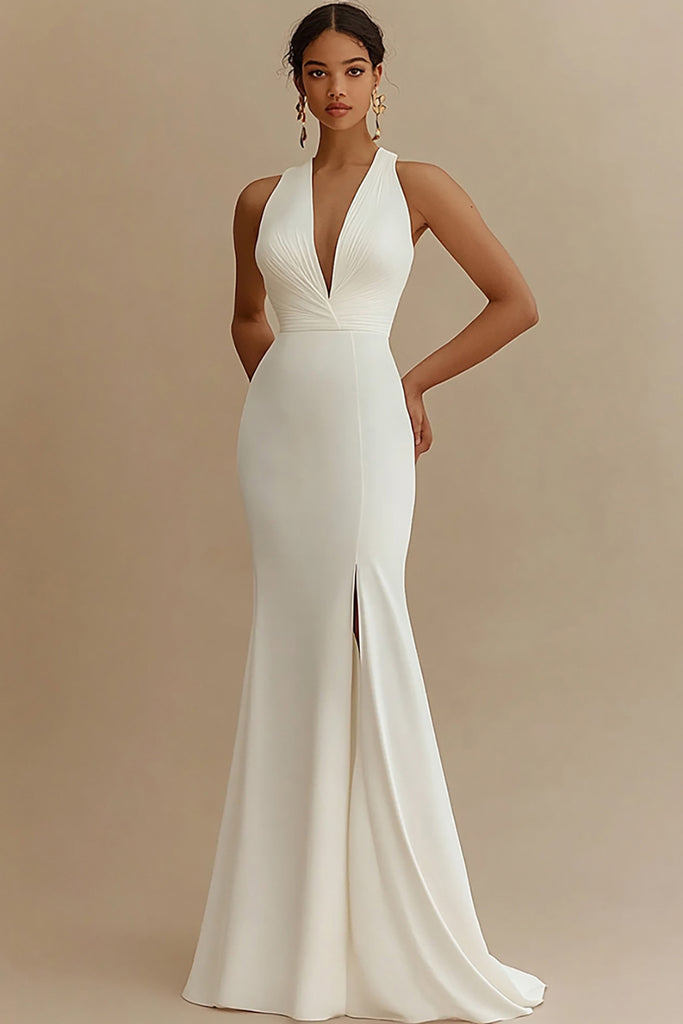 Zapakasa Women Ivory Satin Rehearsal Dinner Dress with Slit Mermaid V