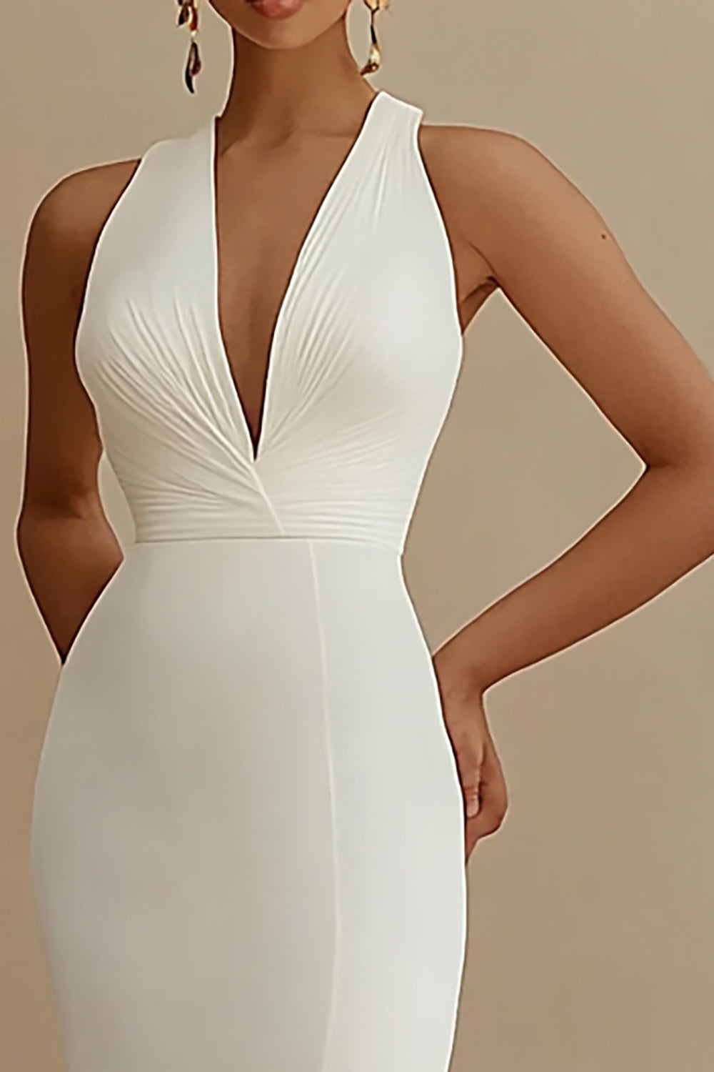 Zapakasa Women Ivory Satin Rehearsal Dinner Dress with Slit Mermaid V