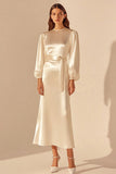 Ivory Round Neck Sheath Maxi Rehearsal Dinner Dress with Sleeves