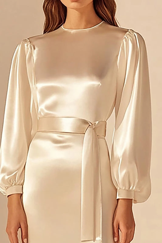 Ivory Round Neck Sheath Maxi Rehearsal Dinner Dress with Sleeves