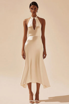 Simple Ivory Satin Keyhole Midi Engagement Dress