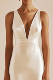 Simple Ivory V-Neck Sheath Satin Midi Engagement Dress