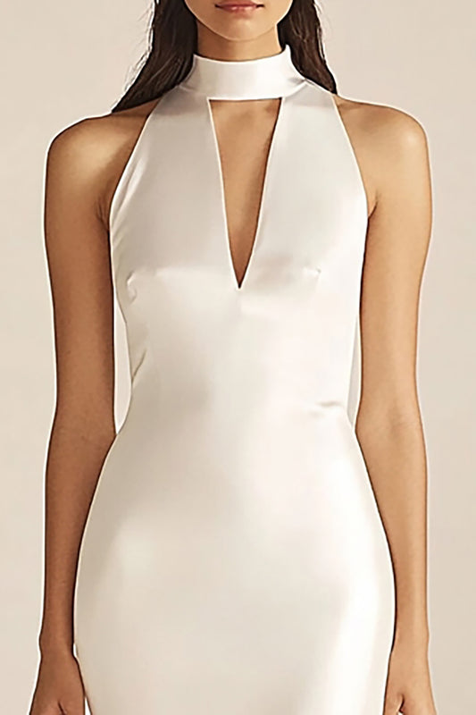 Ivory Satin High Neck Mermaid Maxi Rehearsal Dinner Dress