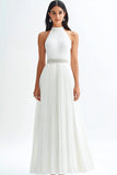 Sparkly Ivory High Neck Pleated Maxi Rehearsal Dinner Dress with Beading