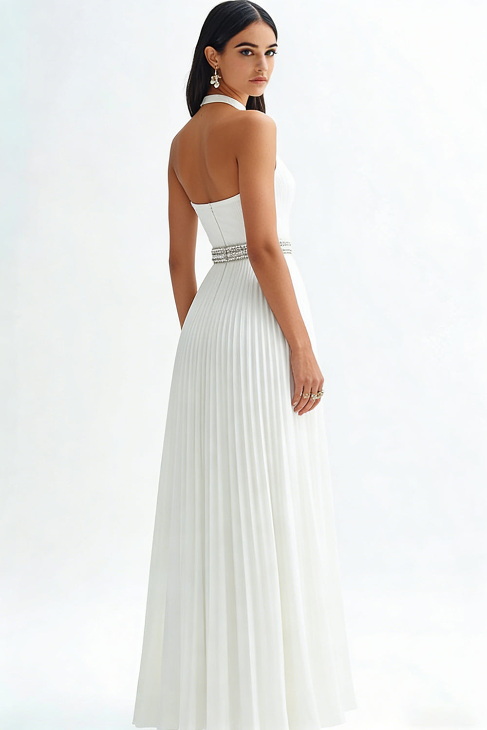 Sparkly Ivory High Neck Pleated Maxi Rehearsal Dinner Dress with Beading