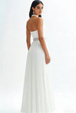 Sparkly Ivory High Neck Pleated Maxi Rehearsal Dinner Dress with Beading