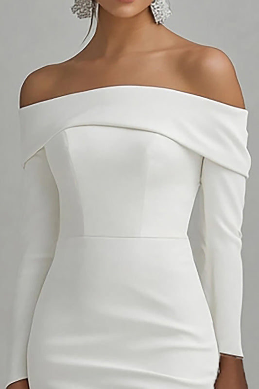 Ivory Off the Shoulder Satin High-Low Engagement Dress with Sleeves