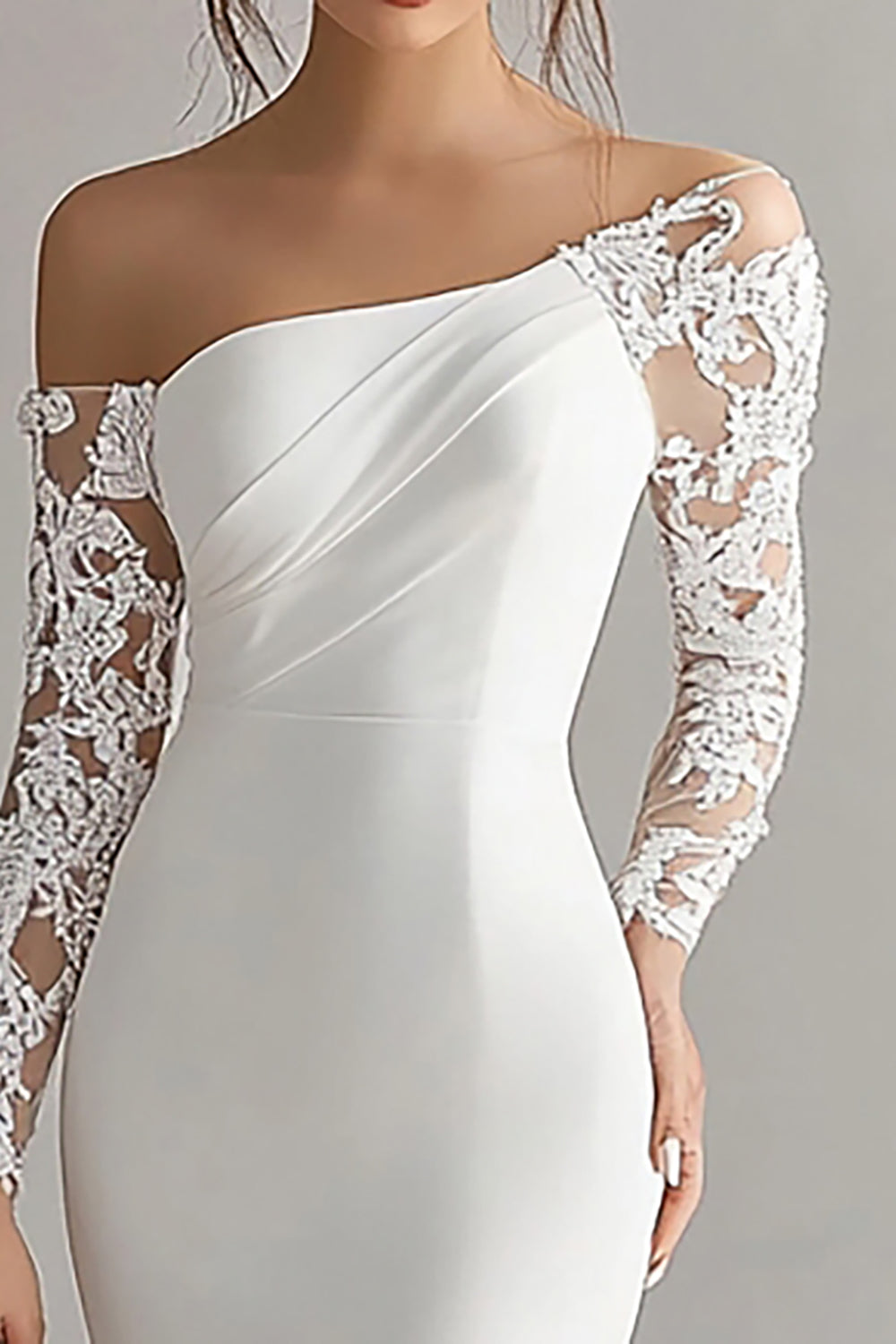 Zapakasa Women Ivory Satin Maxi Mermaid Rehearsal Dinner Dress with Lace Long Sleeves One Shoulder Wedding Reception Dress with Slit Zapakasa Women Ivory Satin Maxi Mermaid Rehearsal Dinner Dress with Lace Long Sleeves One Shoulder Wedding Reception Dress with Slit