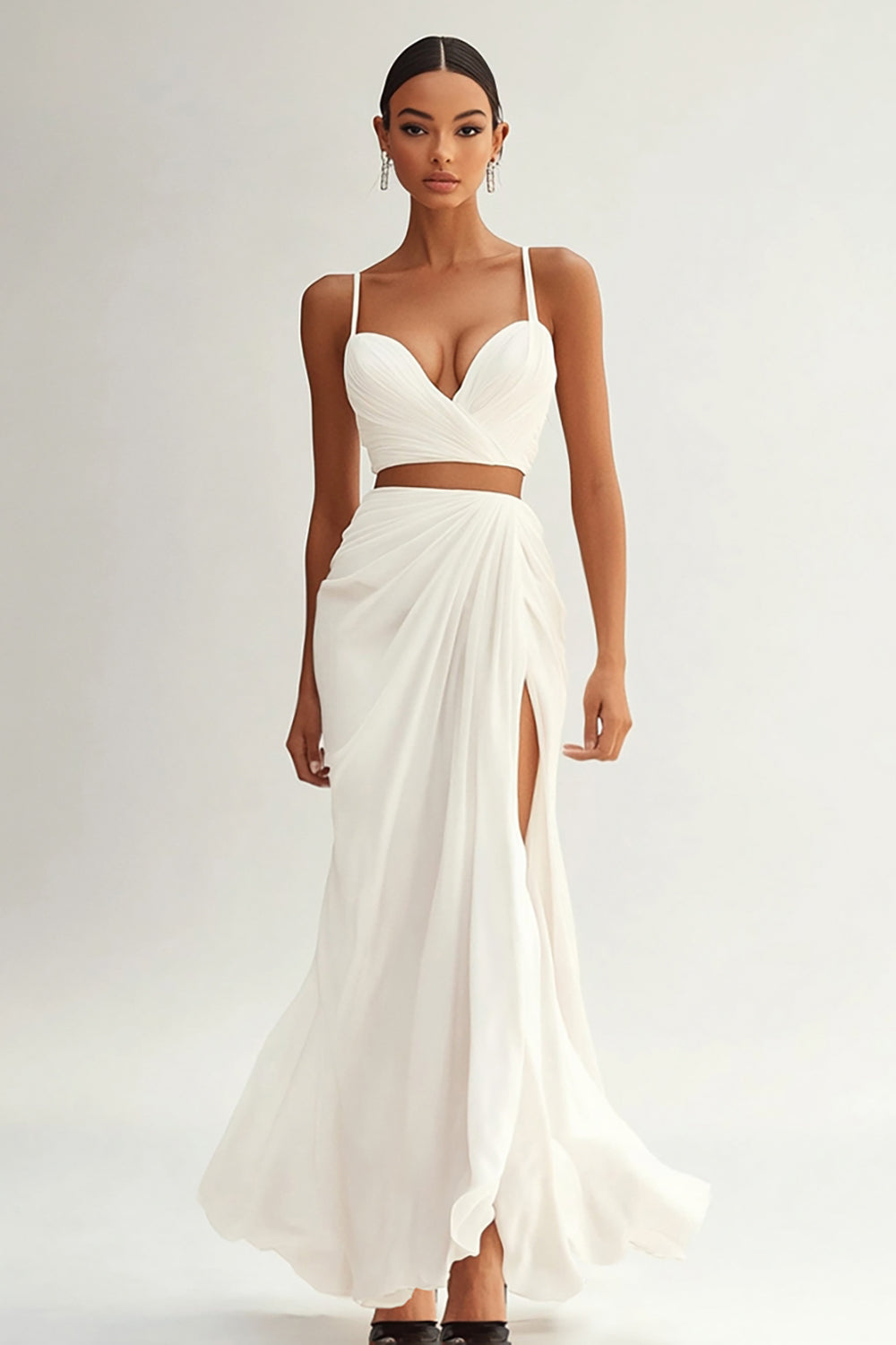 Zapakasa Women Ivory 2 Piece Ruched Engagement Dress Spaghetti Straps Maxi Rehearsal Dinner Dress with Slit Zapakasa Women Ivory 2 Piece Ruched Engagement Dress Spaghetti Straps Maxi Rehearsal Dinner Dress with Slit