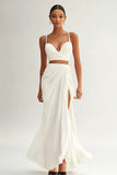 Ivory Spaghetti Straps 2 Piece Ruched Maxi Engagement Dress with Slit